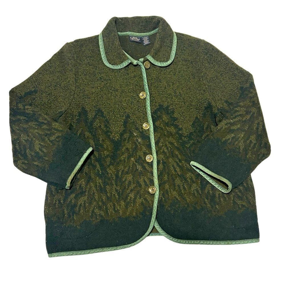 Sonoma Wool Blend Cardigan Forest Green Tree Full Button Cozy Y2K L Cottagecore